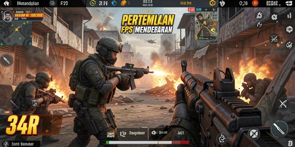 Screenshot gameplay seru dari 34R yang menunjukkan aksi tembak-menembak.