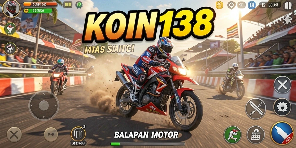 Screenshot gameplay KOIN138 menampilkan aksi balapan motor yang mendebarkan.