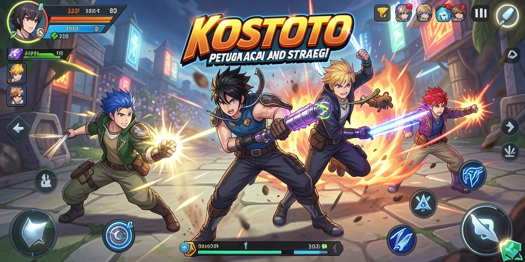 Tampilan utama gameplay KOSTOTO dengan karakter anime yang dinamis.