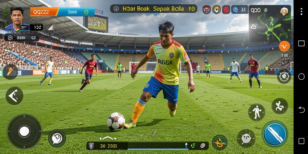 Tampilan seru dari gameplay QQ222 yang menggambarkan pertandingan sepak bola.