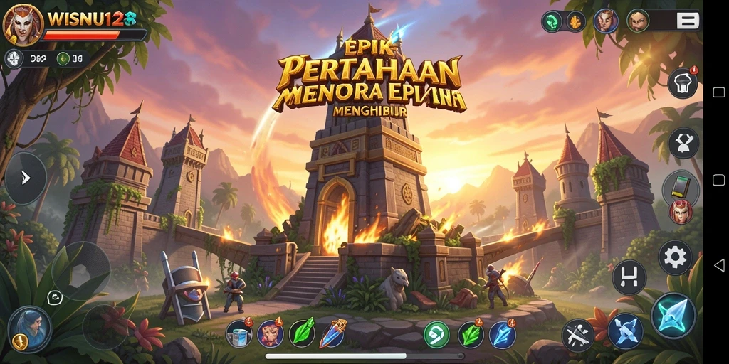 Tampilan menara dan musuh dalam gameplay WISNU123 yang menarik.